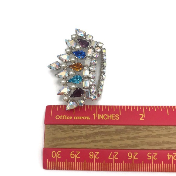 B David Vintage Crown Rhinestone Faux Pearl Multi Color Brooch Pin - Picture 6 of 8